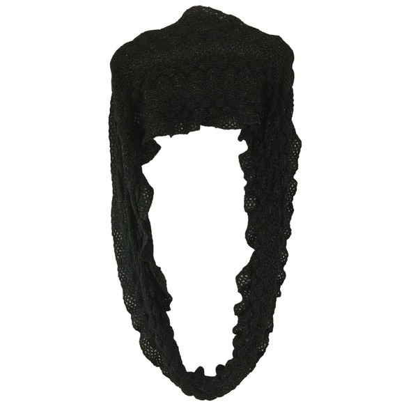 Ruffle Edge Black Soft Silver Metallic Thread Cable Knit Infinity Loop Scarf - Picture 9 of 10
